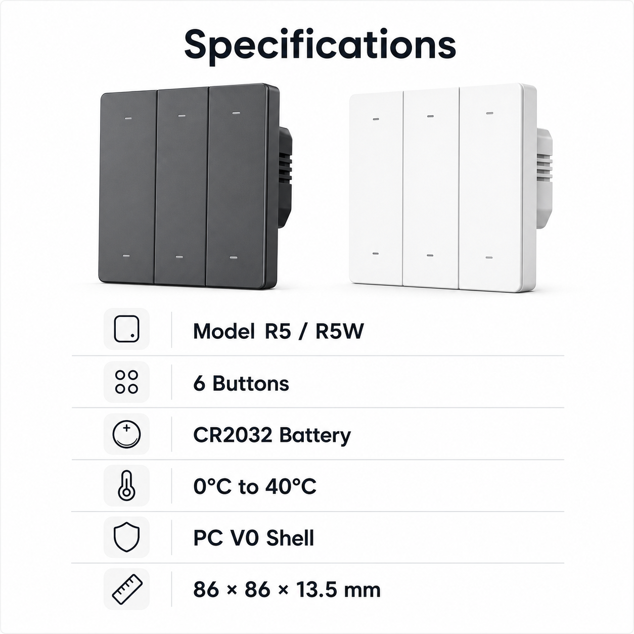 Specifications image for NéoRemote R5 Pro scene controller with gray and white variants