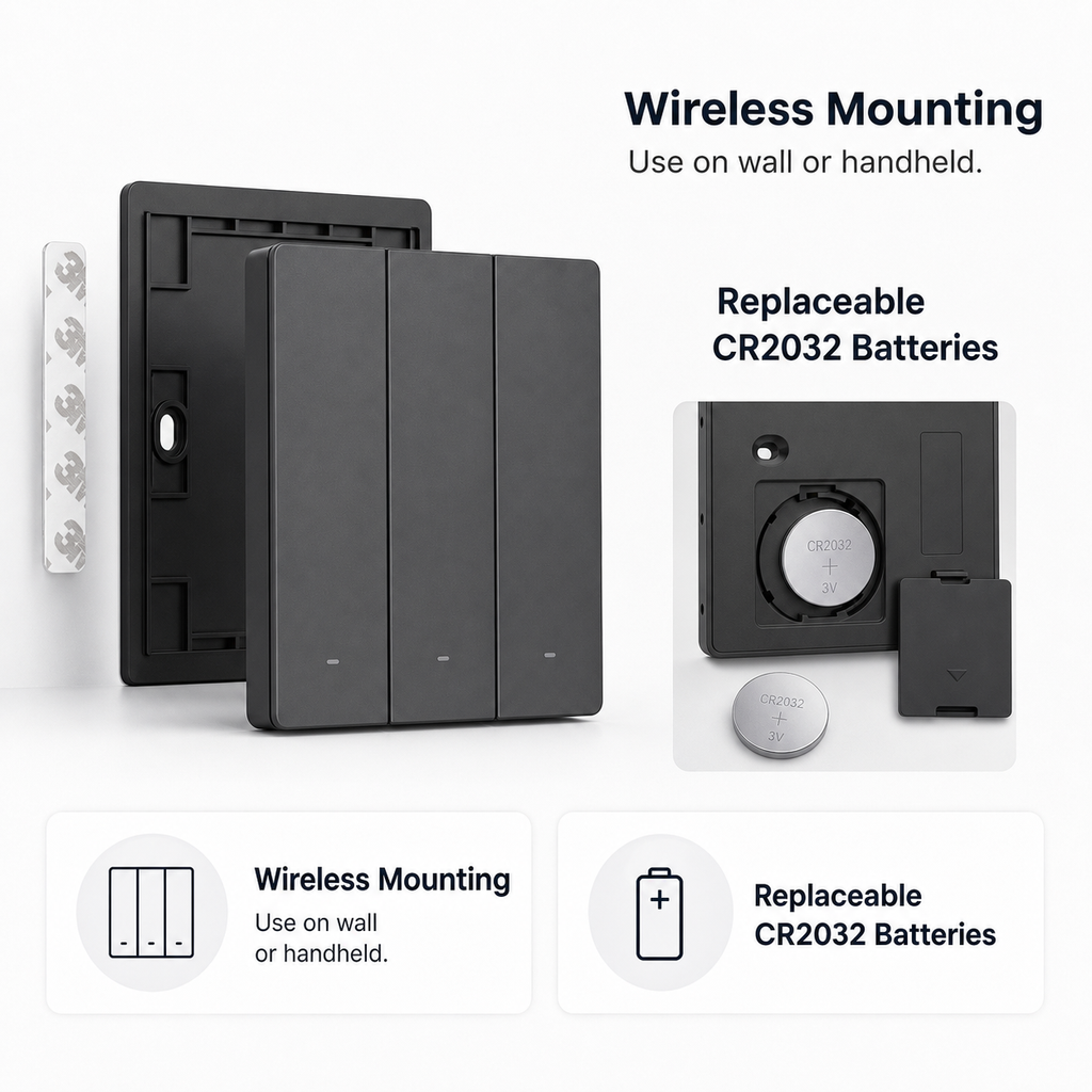 Wireless mounting and replaceable CR2032 battery detail for NéoRemote R5 Pro