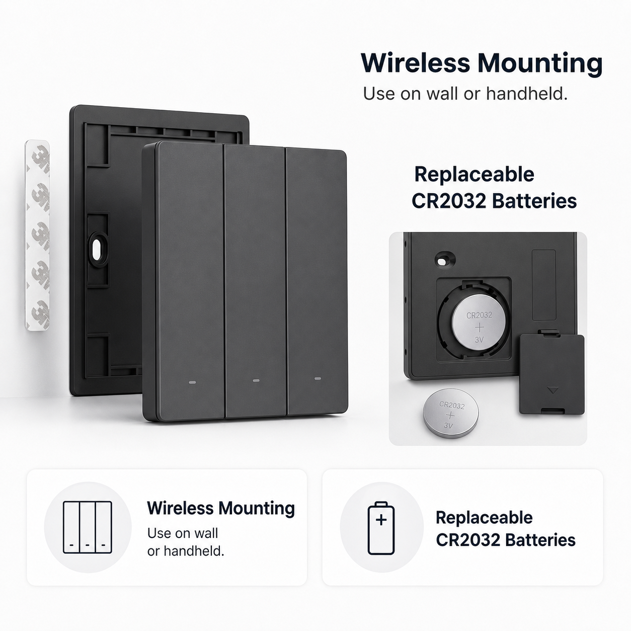 Wireless mounting and replaceable CR2032 battery detail for NéoRemote R5 Pro
