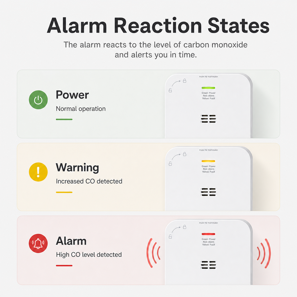 Alarm reaction states for carbon monoxide detector
