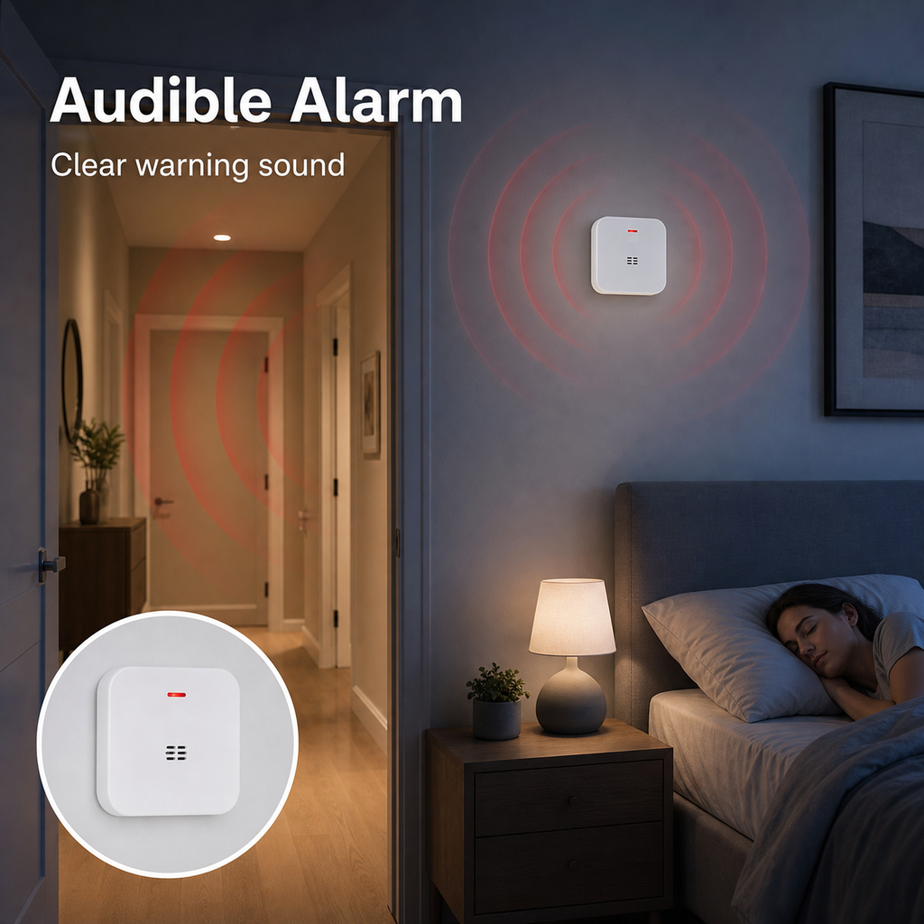 Audible alarm scene for carbon monoxide detector in bedroom