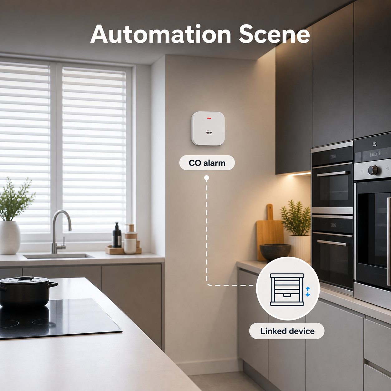 Automation scene for carbon monoxide alarm and linked device