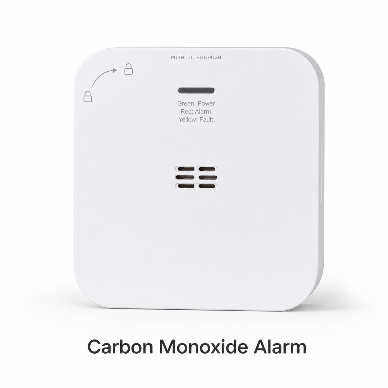 Close studio packshot of carbon monoxide alarm