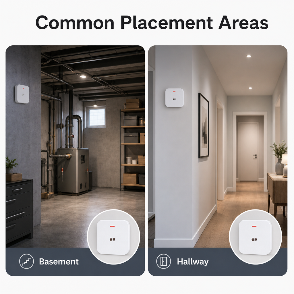 Common basement and hallway placement areas for CO alarm