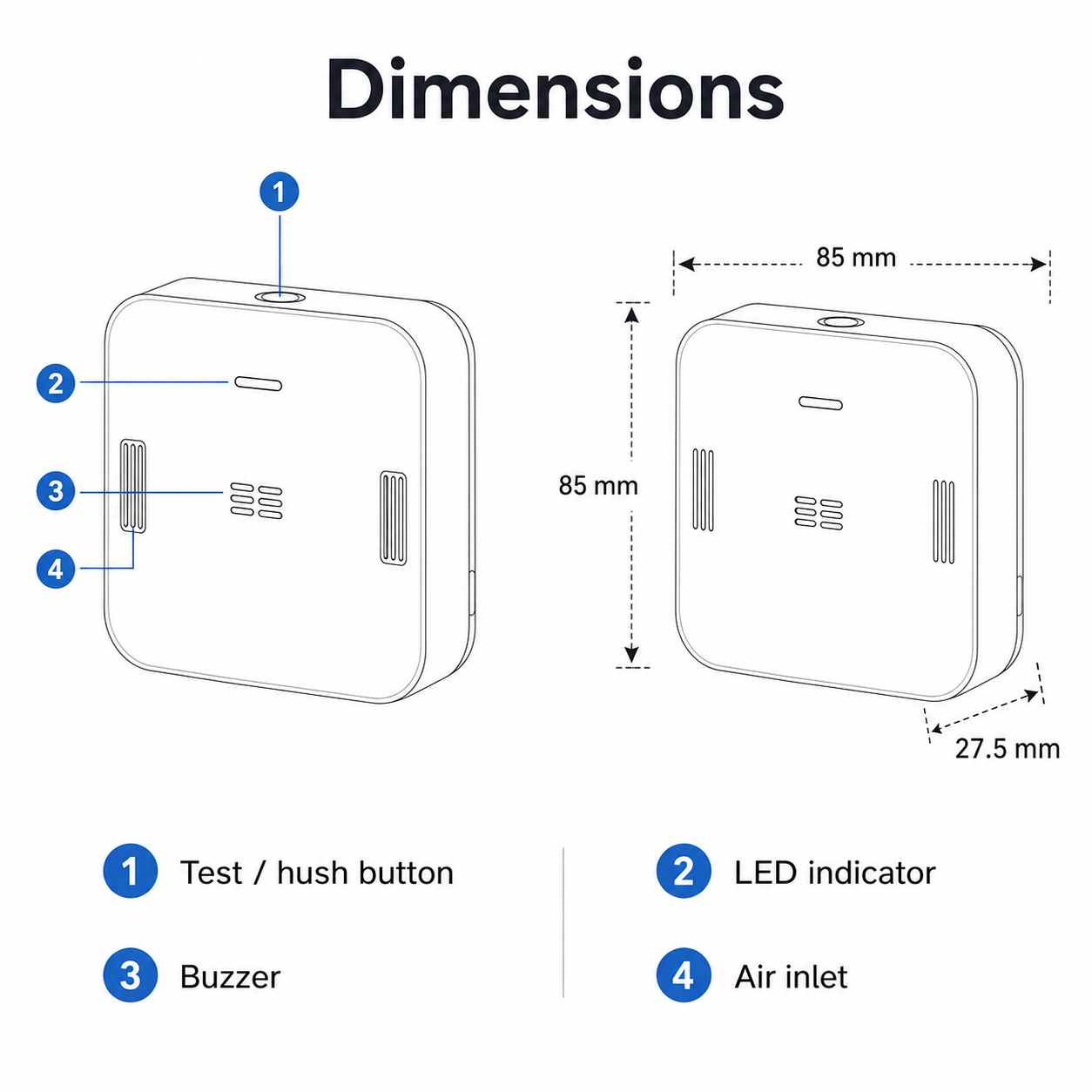 Dimensions diagram for carbon monoxide alarm 85 mm square