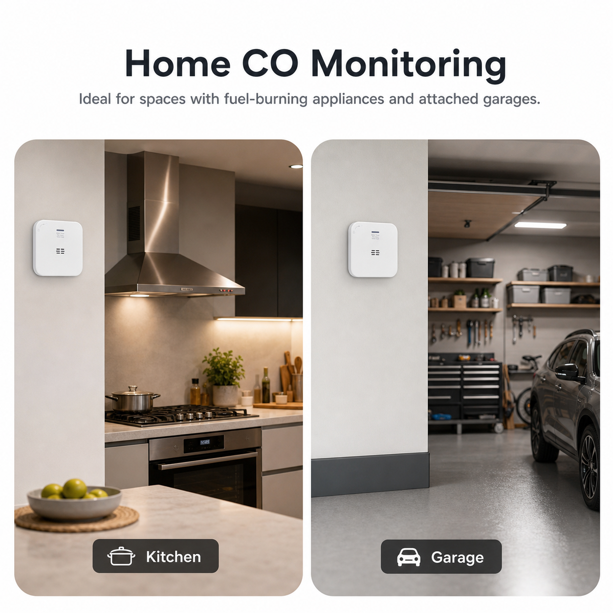 Home CO monitoring placement in kitchen and garage