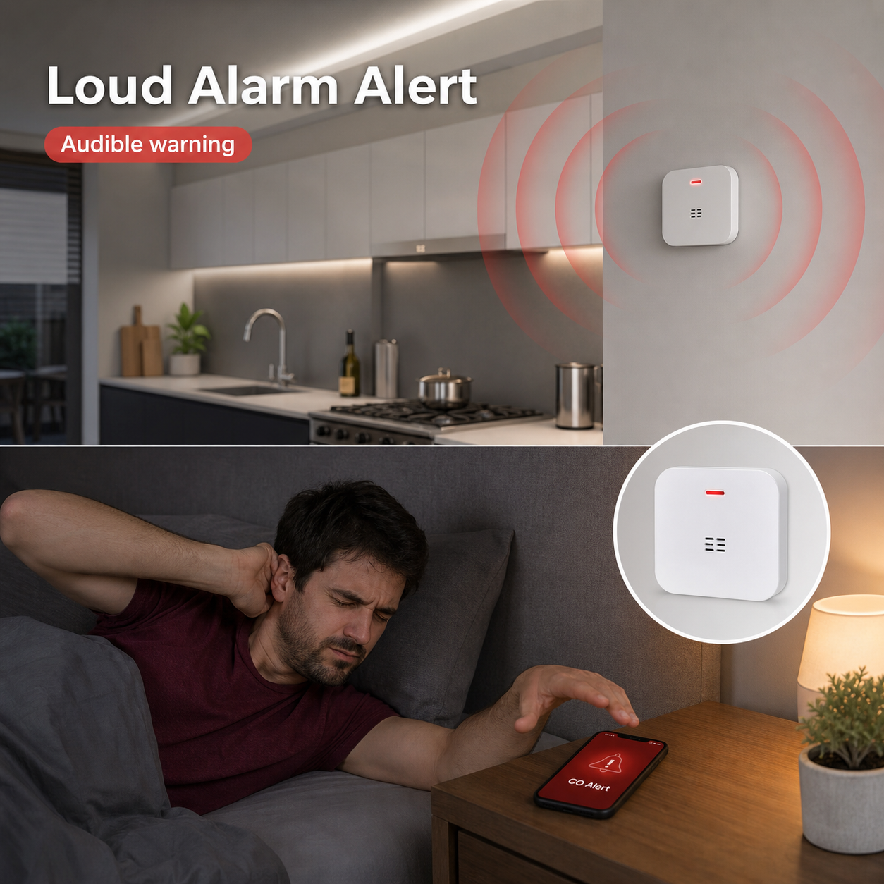 Loud alarm alert scene for carbon monoxide detector