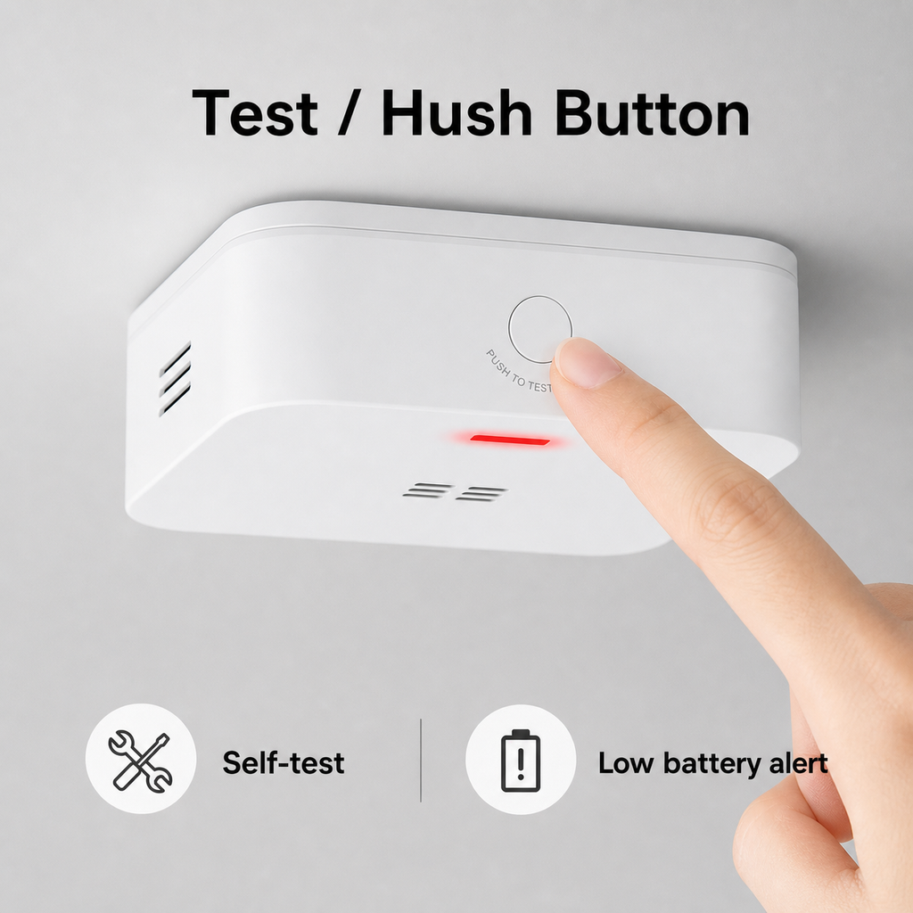 Test and hush button detail for carbon monoxide alarm