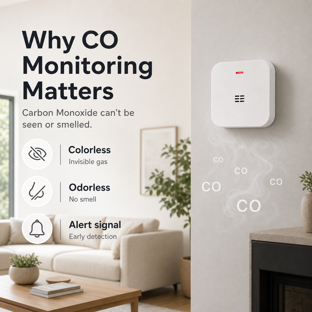 CO monitoring awareness scene with carbon monoxide alarm
