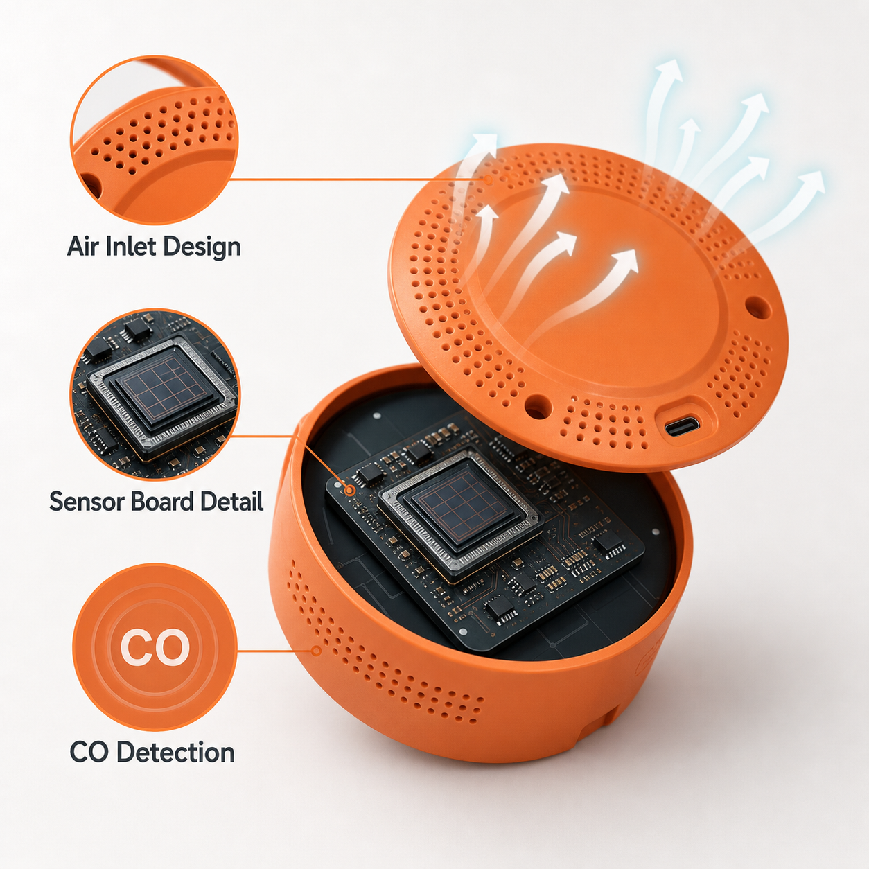 Air inlet and sensor board detail for portable CO detector