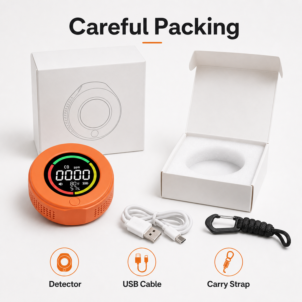 Careful packing layout for portable CO detector and accessories