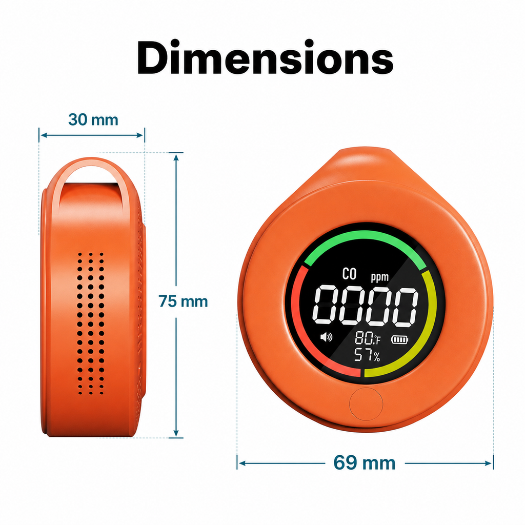 Dimensions diagram for orange portable CO detector