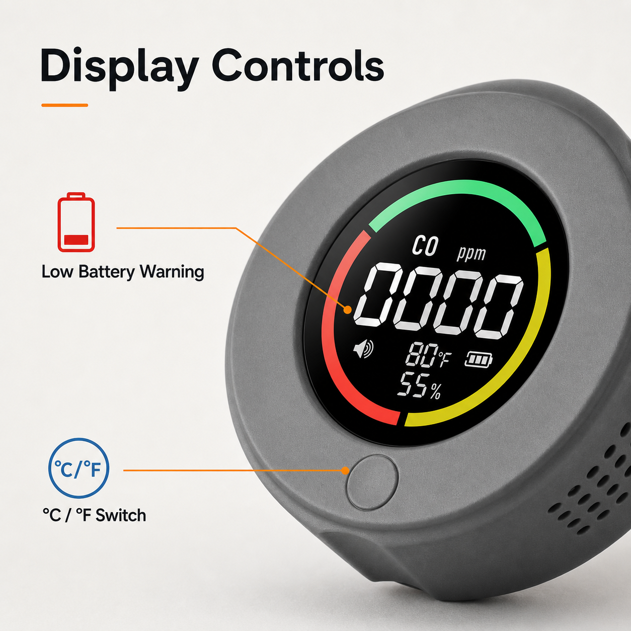 Display controls with low battery warning and unit switch