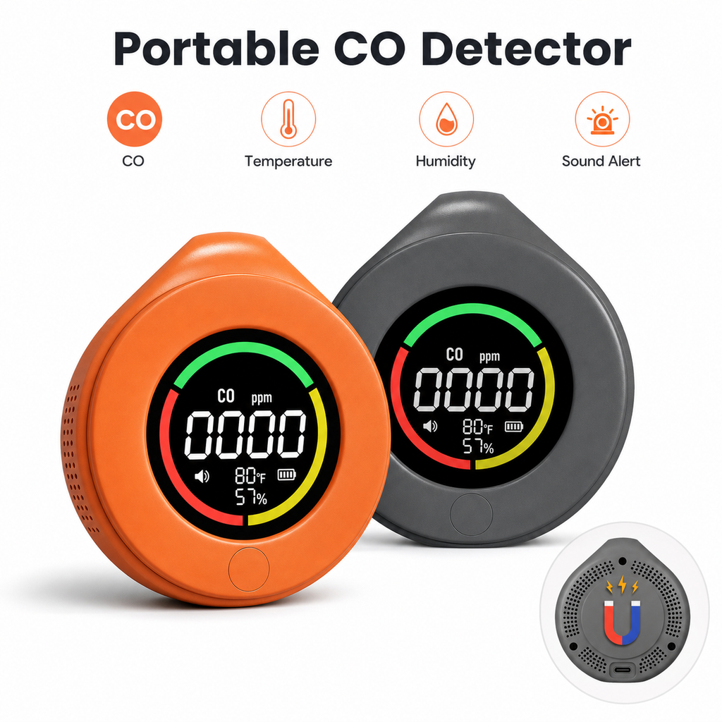 Feature overview of orange and grey portable CO detectors