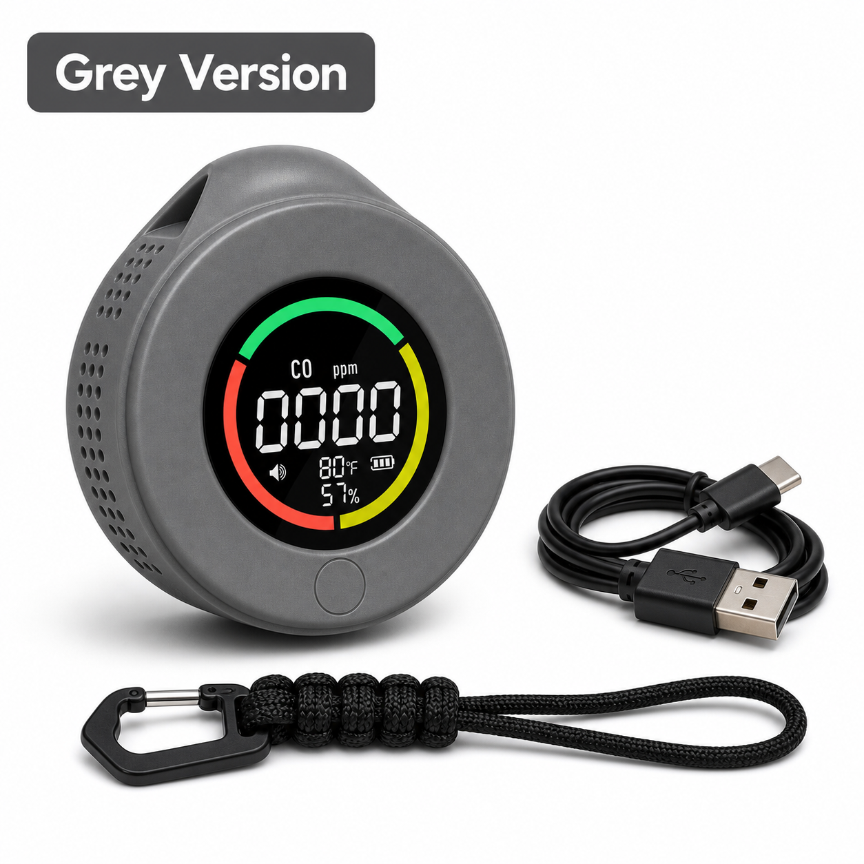 Grey version studio packshot of portable CO detector with cable