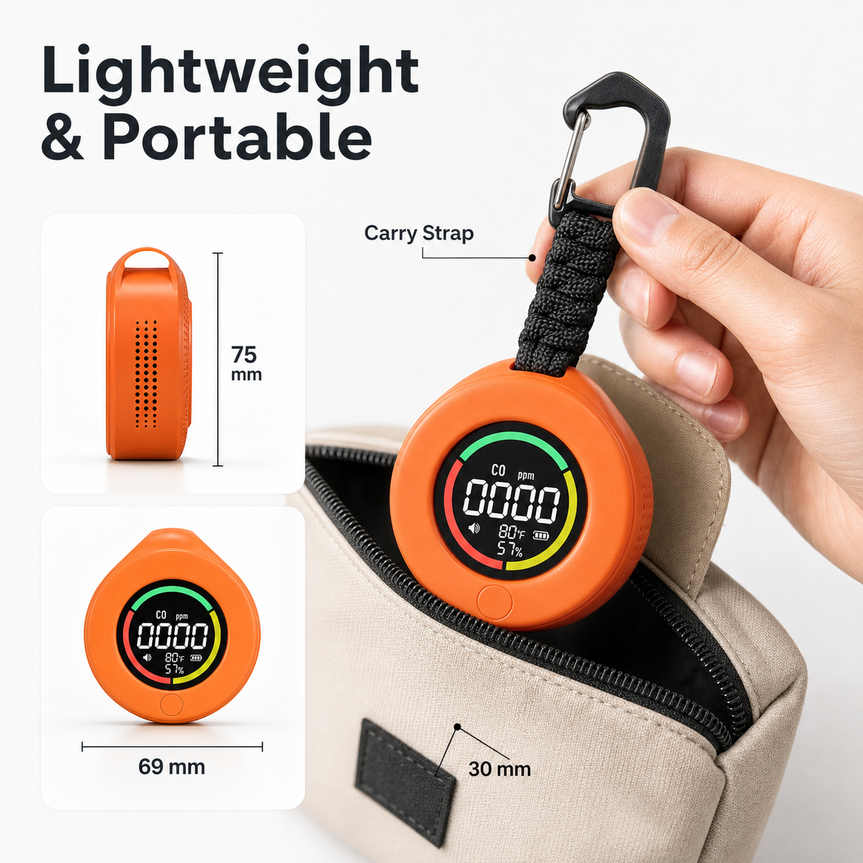 Lightweight portable carry design with strap for CO detector