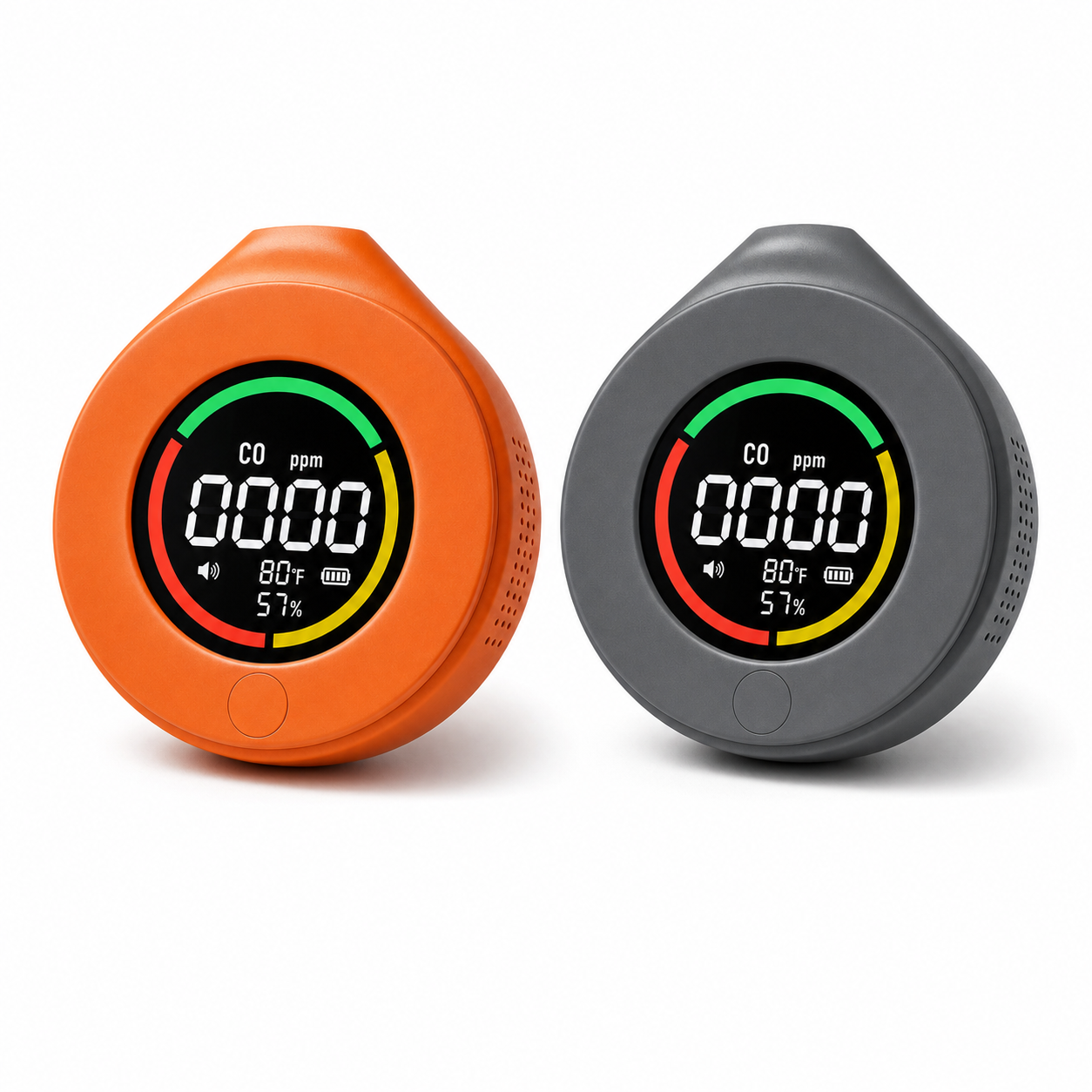 Detecteur CO portable NeoSafe orange et gris sur fond blanc