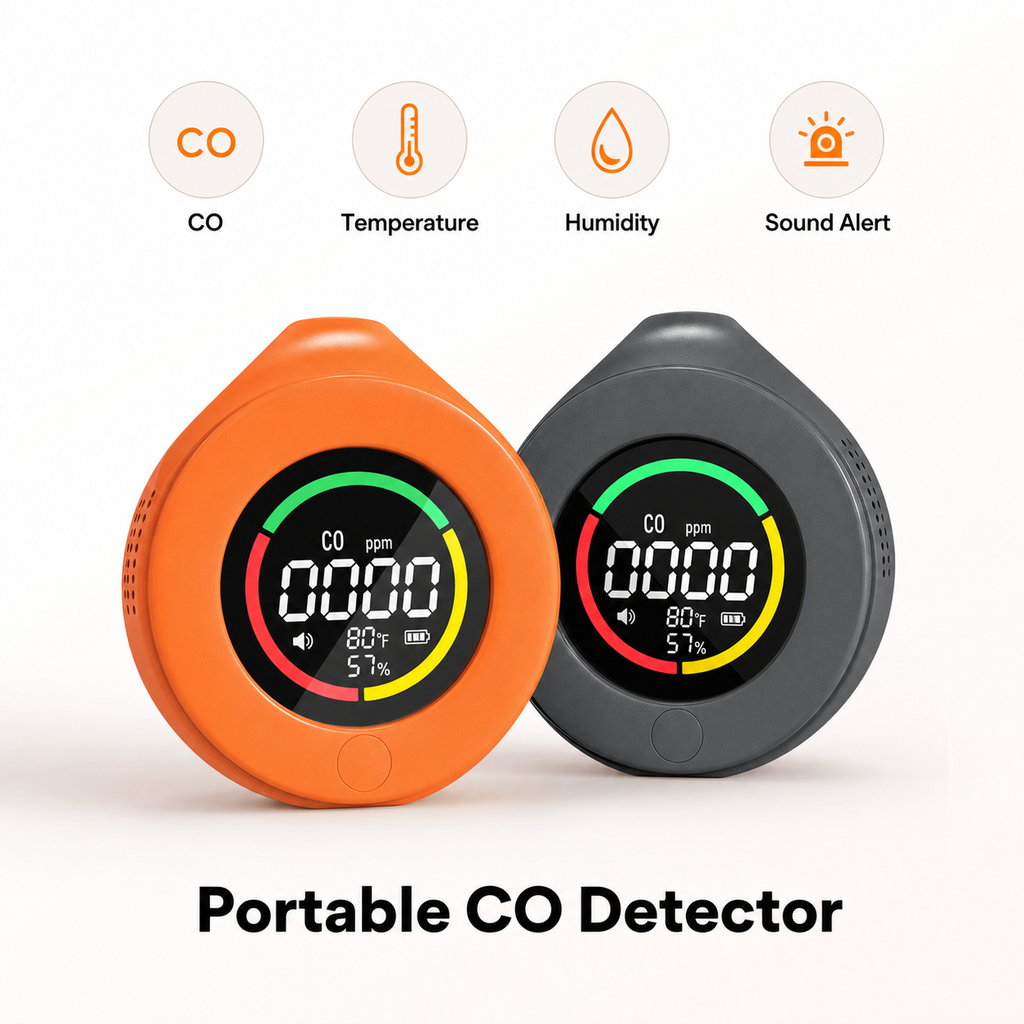 Studio packshot of orange and grey portable 3-in-1 CO detector