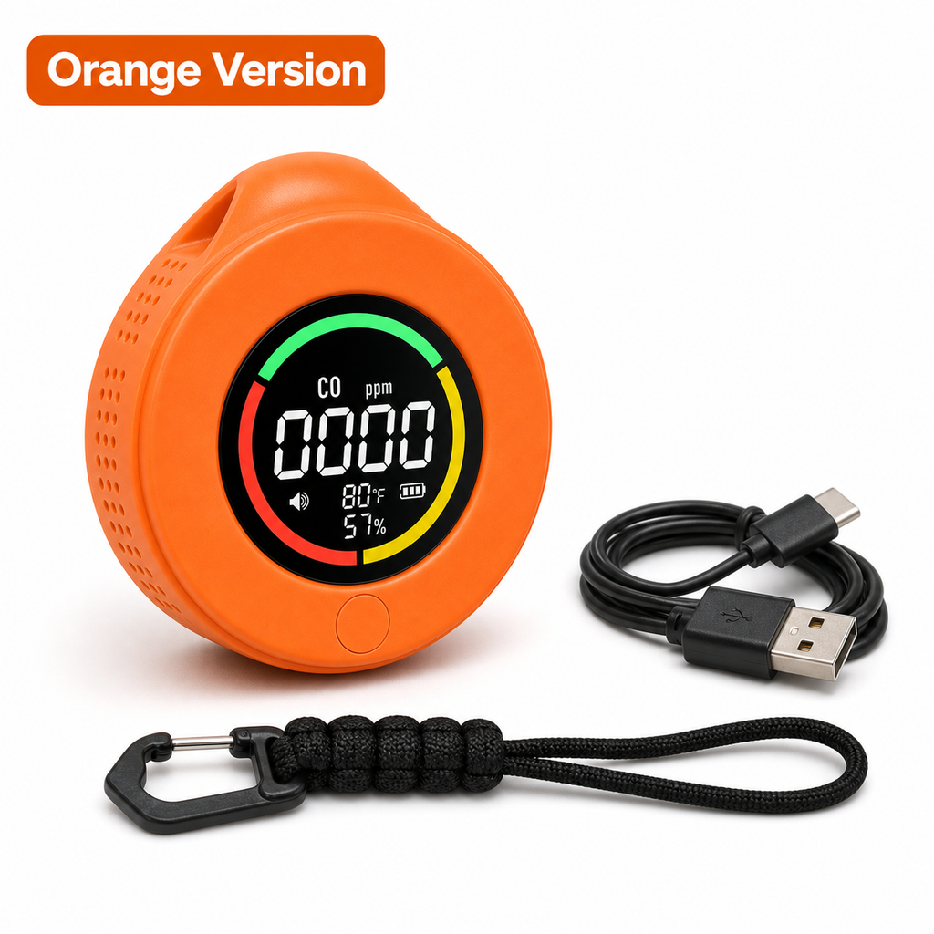 Orange version studio packshot of portable CO detector with cable