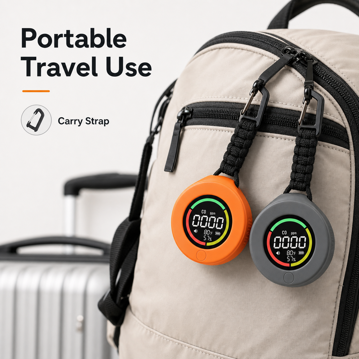 Portable travel use visual for orange and grey CO detector