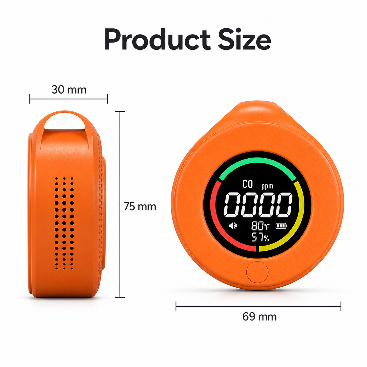 Product size front and side dimensions for portable CO detector