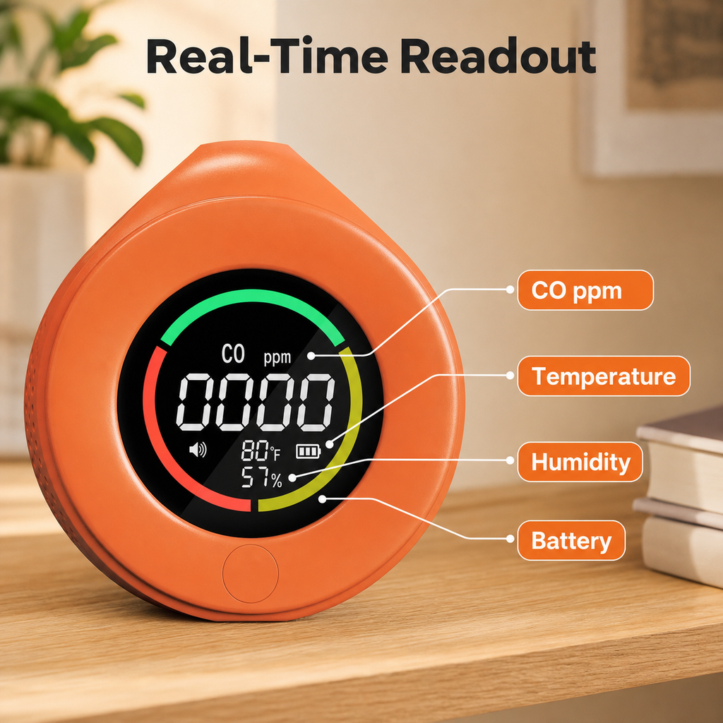Real-time readout detail for orange CO detector display