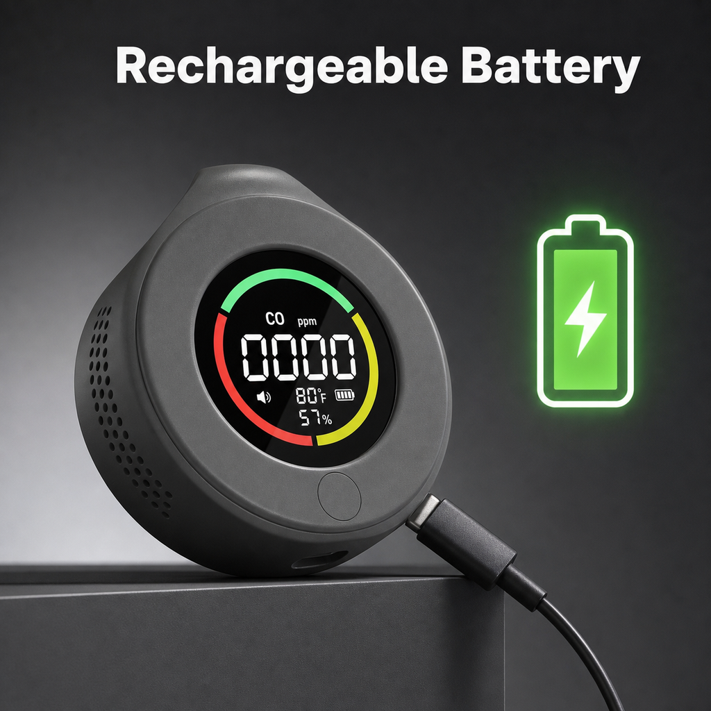 Rechargeable battery feature for grey portable CO detector