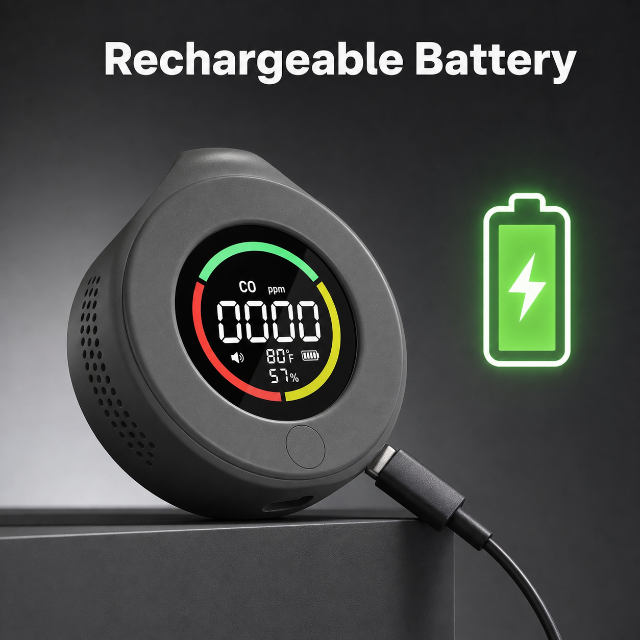 Rechargeable battery feature for grey portable CO detector