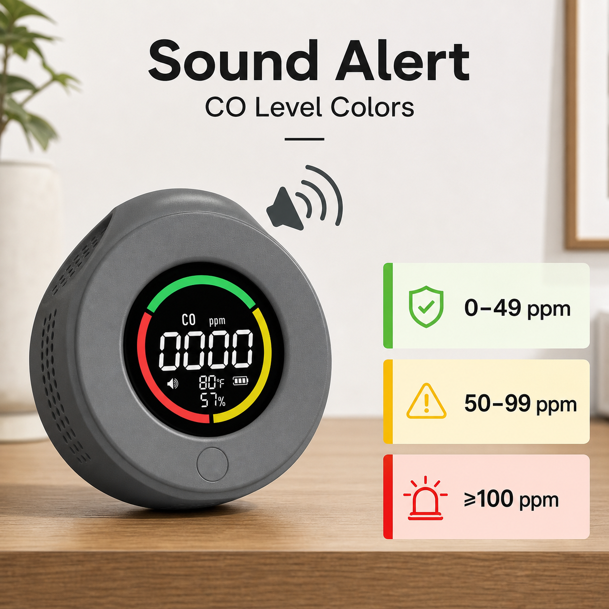 Sound alert level visual for grey portable CO detector
