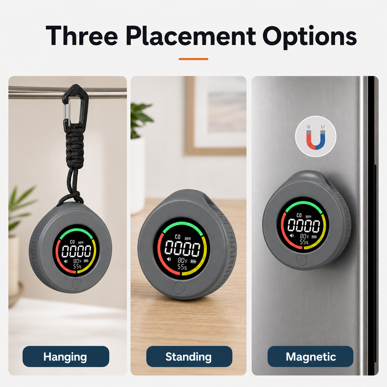 Three placement options for portable CO detector