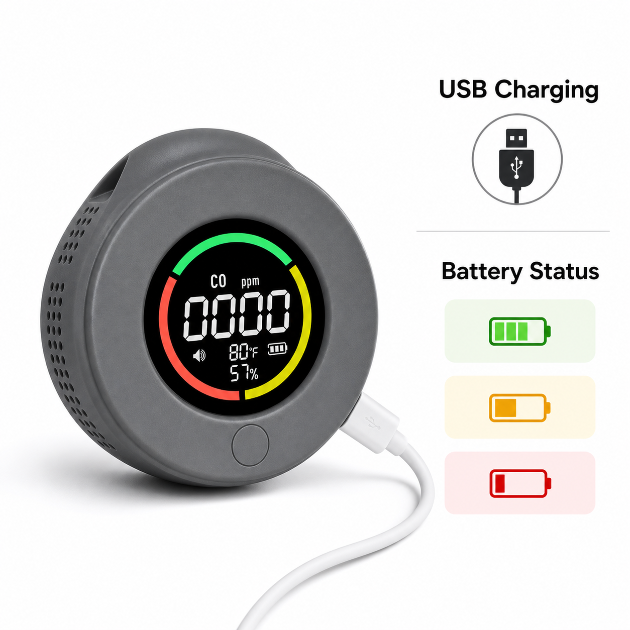 USB charging and battery status visual for portable CO detector
