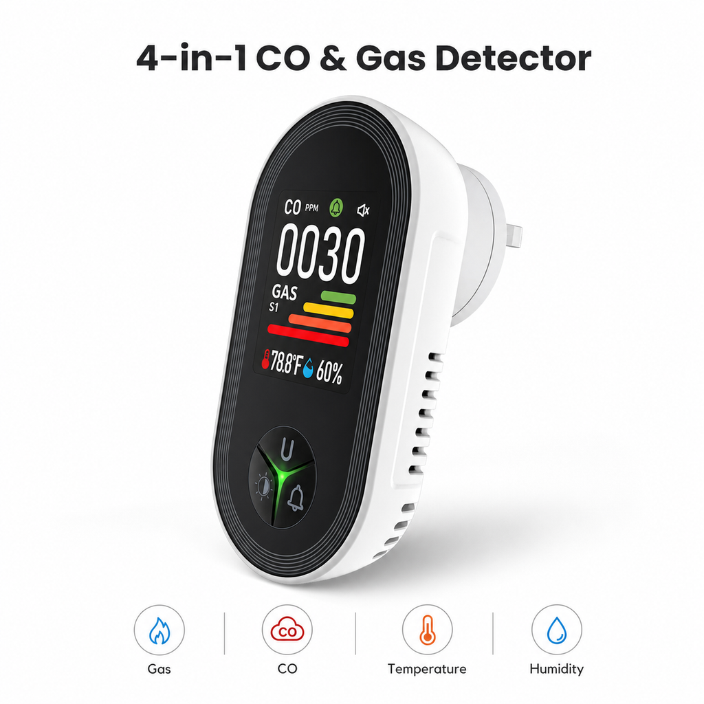 Studio packshot of 4-in-1 CO and gas detector with temperature and humidity display