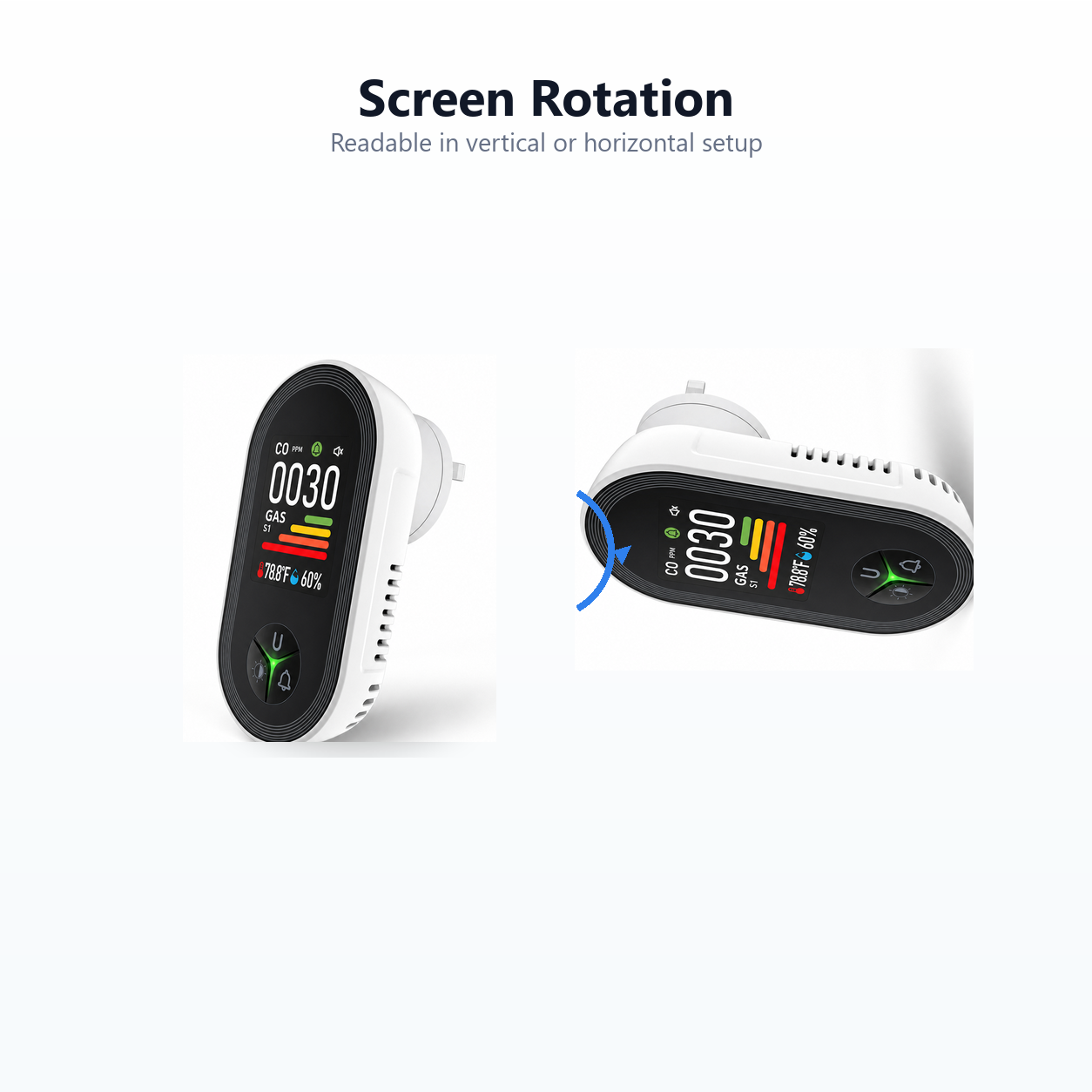 Screen rotation visual for plug-in CO and gas detector