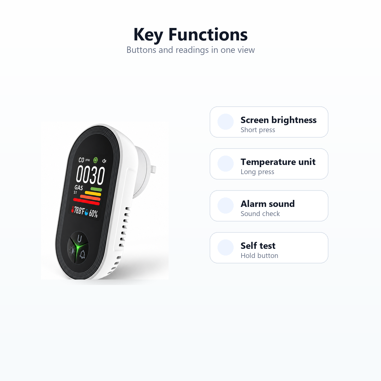 Key functions overview for gas and CO detector buttons and readings