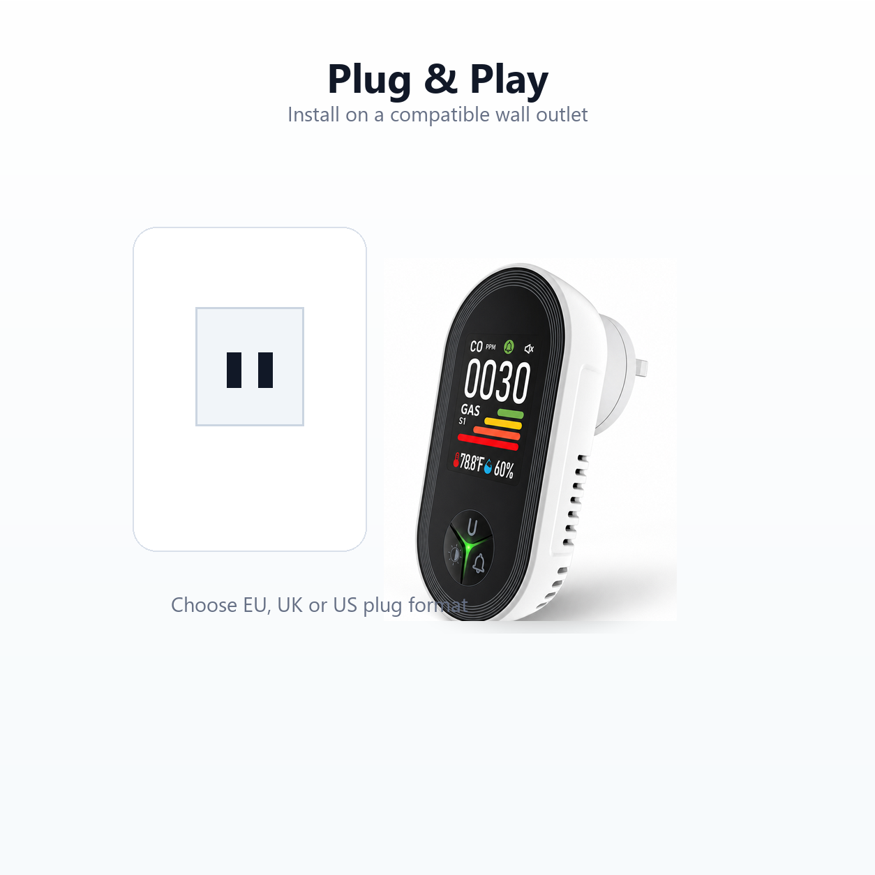 Plug and play wall outlet setup for CO and gas detector