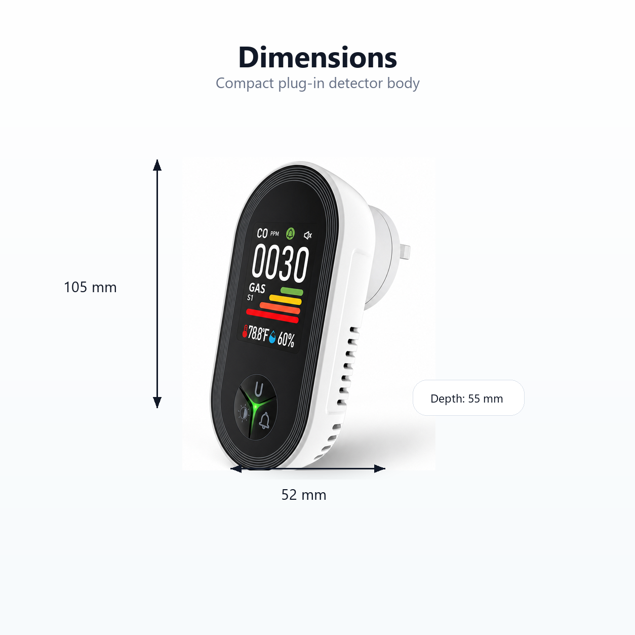 Dimensions diagram for compact plug-in CO and gas detector