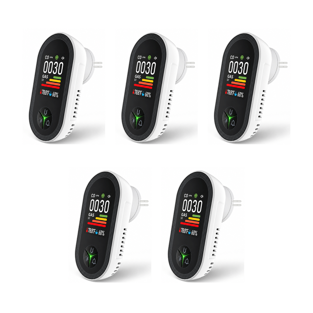 Cinq détecteurs gaz et CO NéoSafe Gas Comfort prise US sur fond blanc