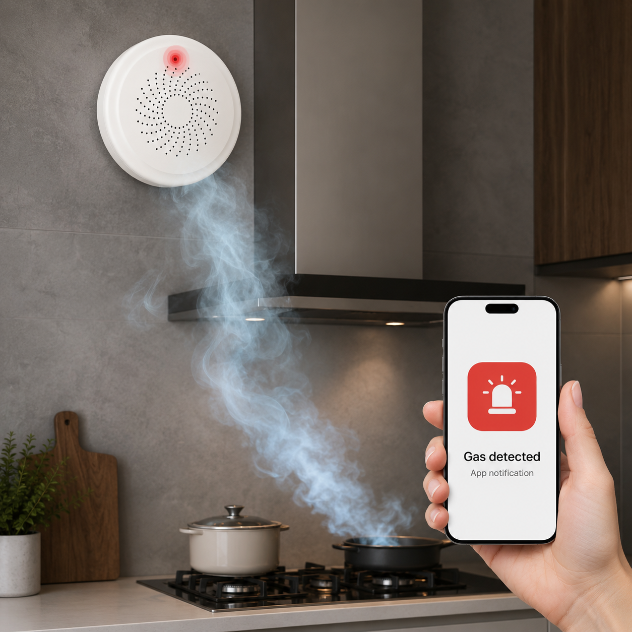 Gas leak detector in a kitchen with mobile app notification