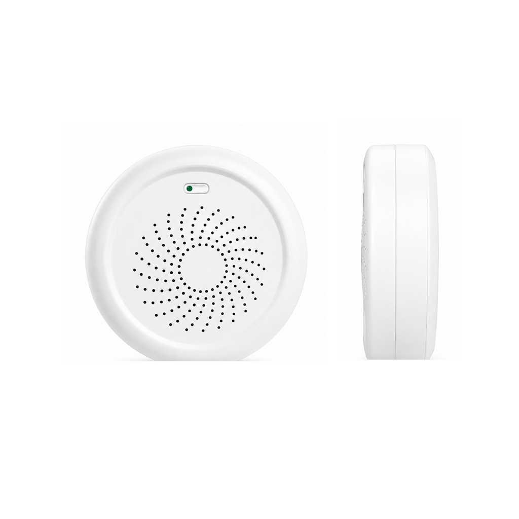 Détecteur de fuite de gaz connecté NéoSafe Gaz Comfort avec vue de face et de profil sur fond blanc