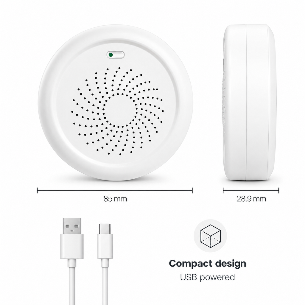 Dimension and USB detail image for compact gas leak detector