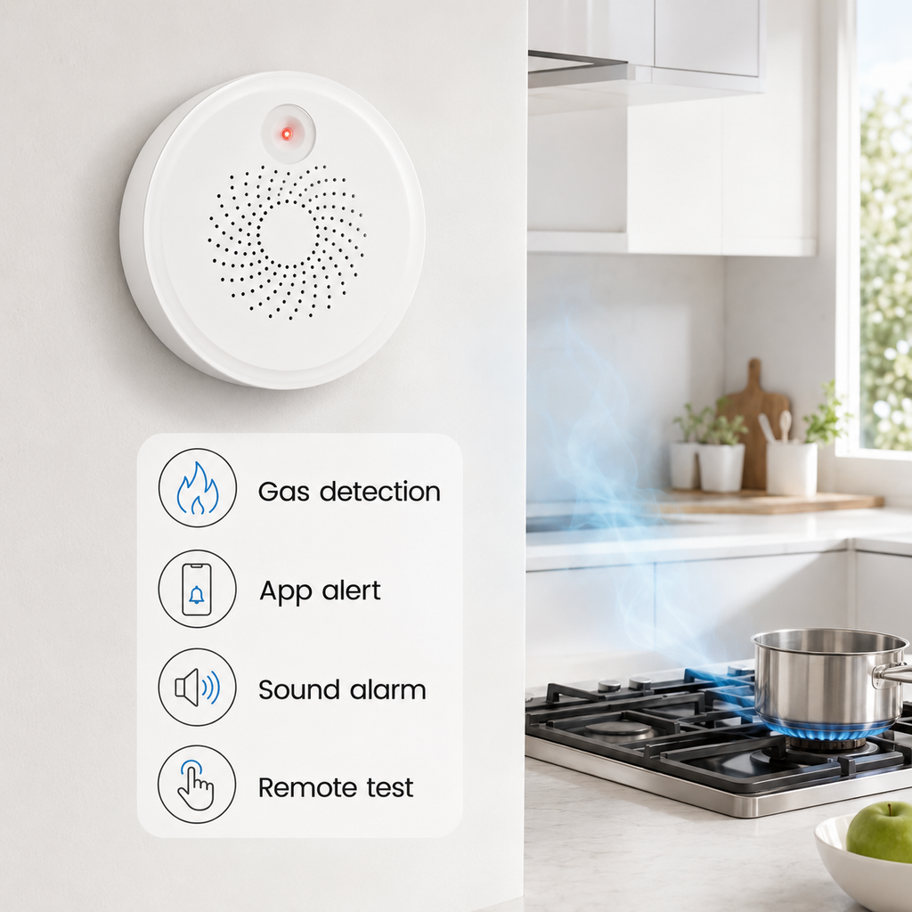Feature overview for connected gas leak detector with app alert and remote test