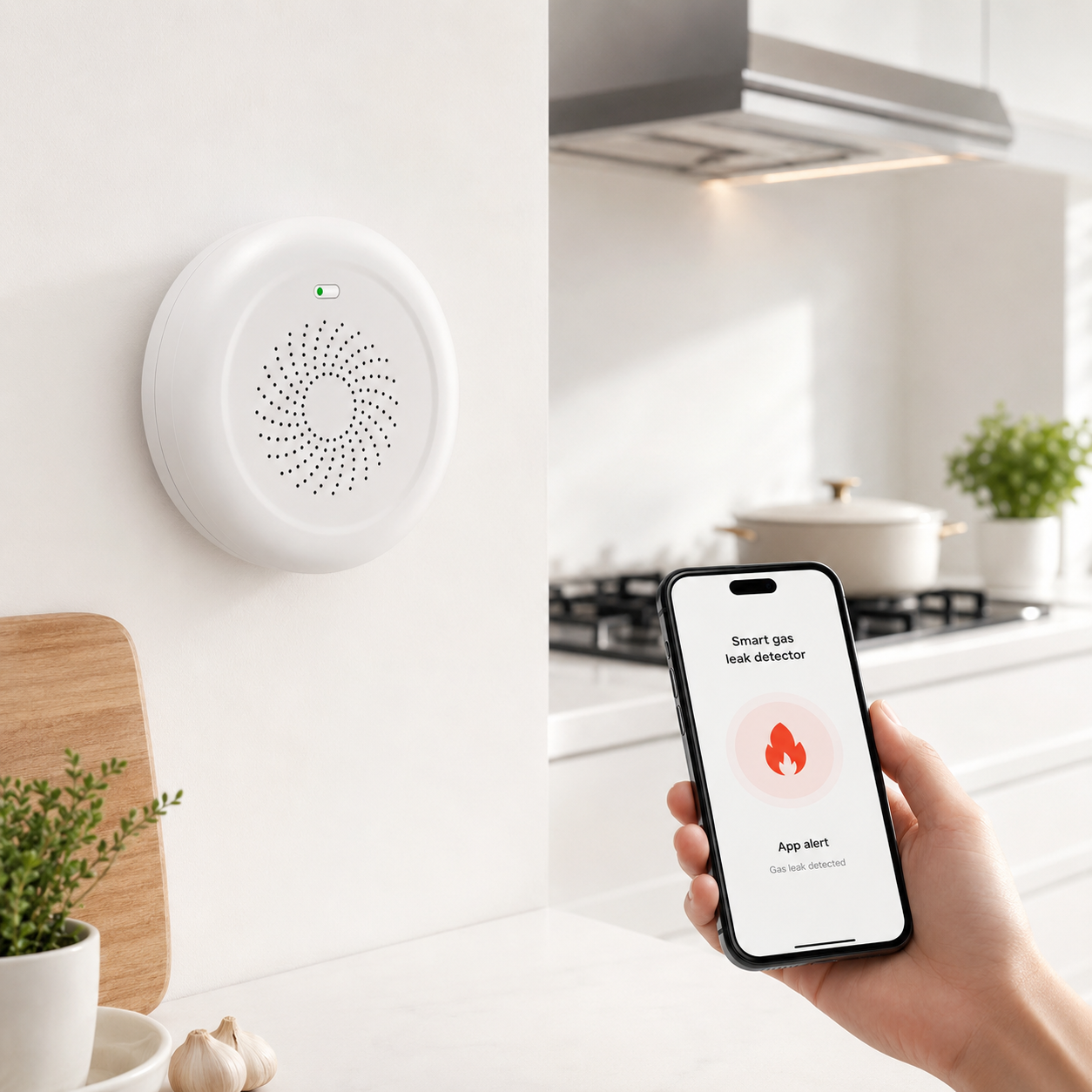 Studio packshot of NéoSafe gas leak detector with phone app alert