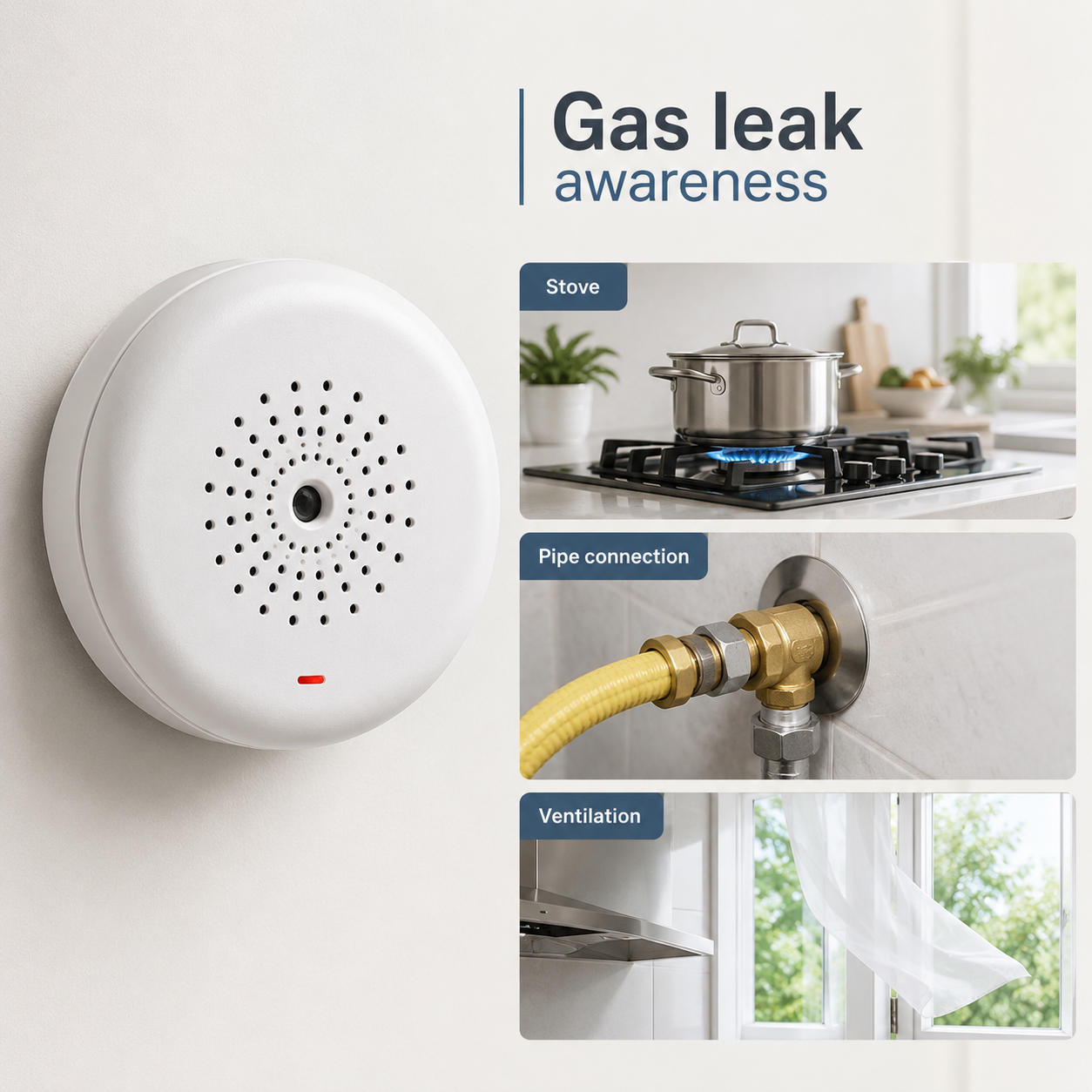 Gas leak awareness scenes for stove, pipe connection and ventilation