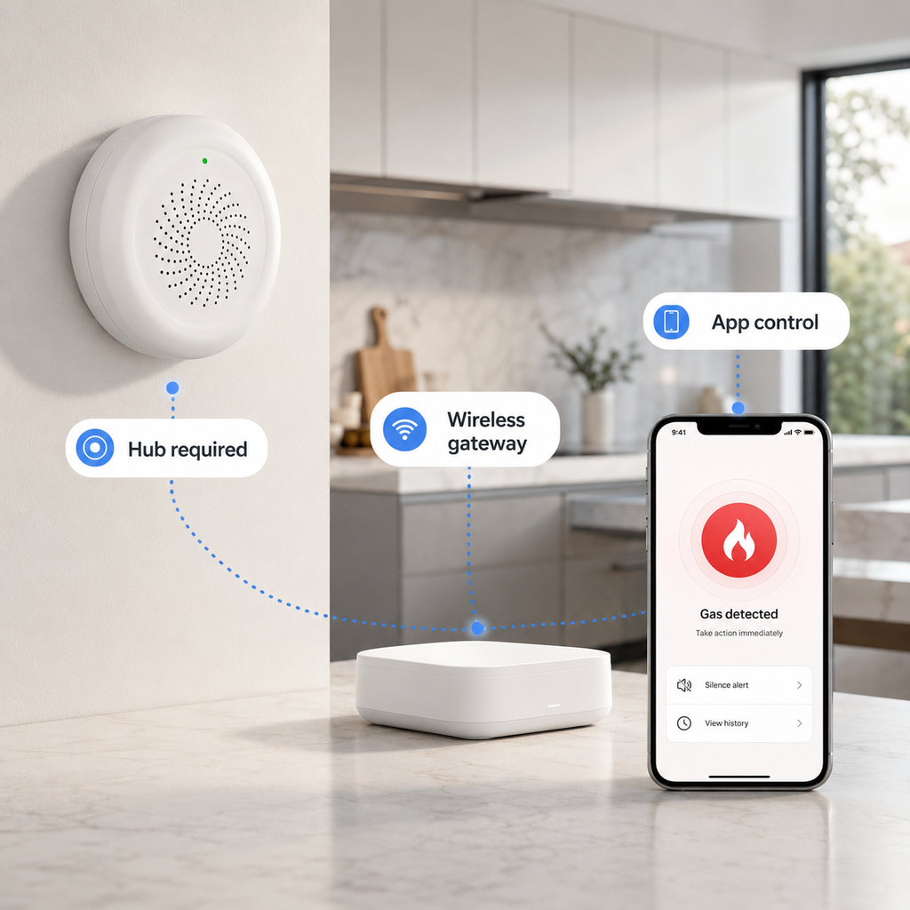 Hub required and app control image for connected gas leak detector