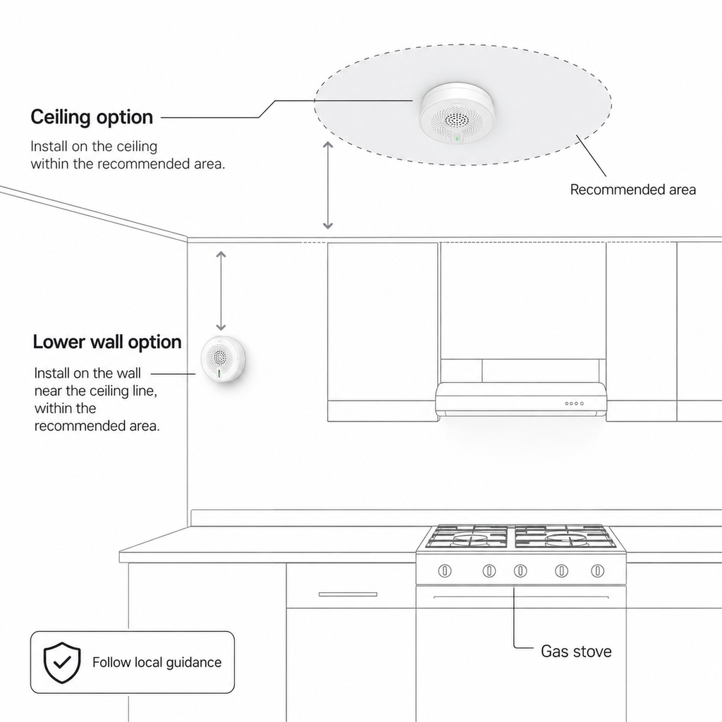 Installation position diagram for gas leak detector near a stove