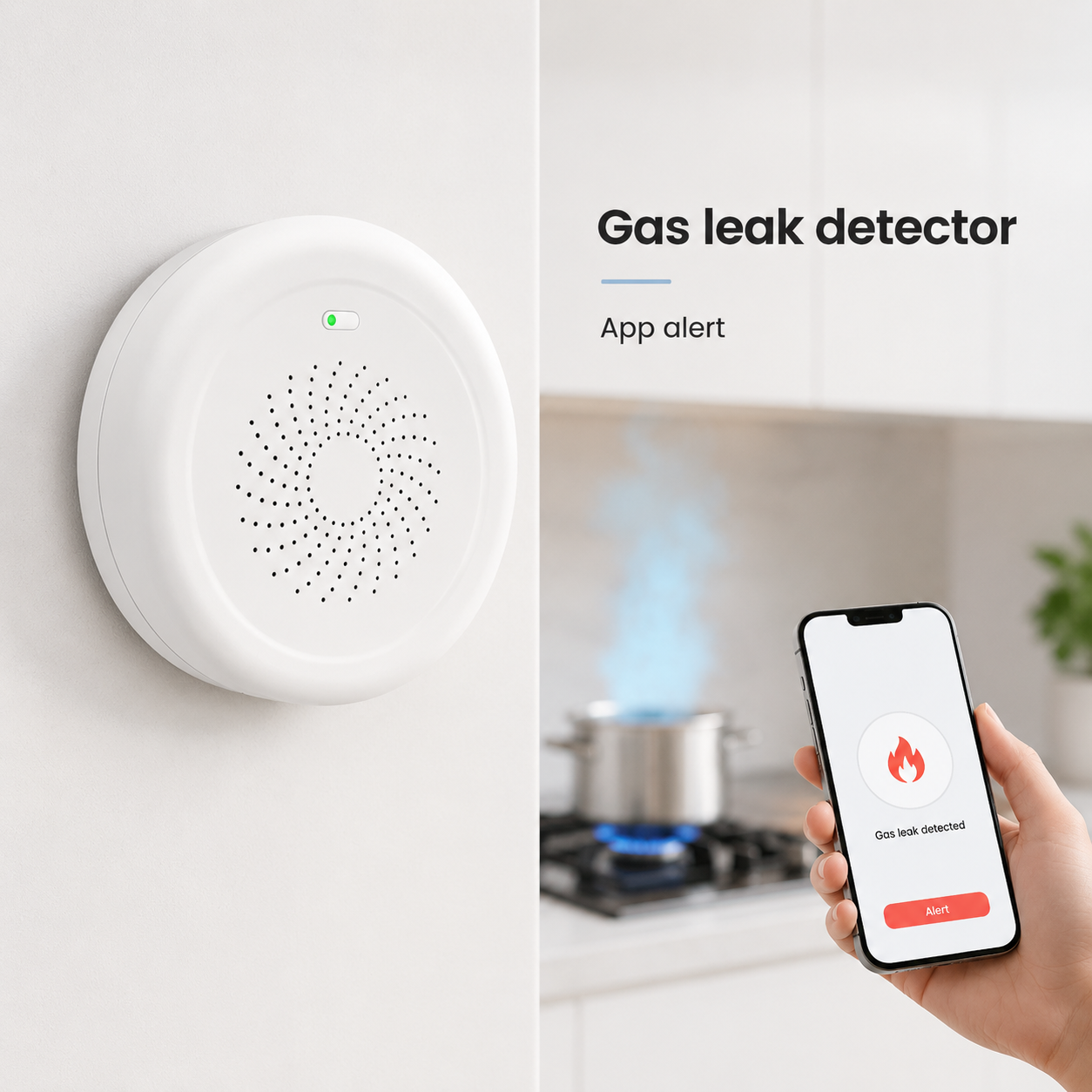 Kitchen app alert packshot of connected gas leak detector