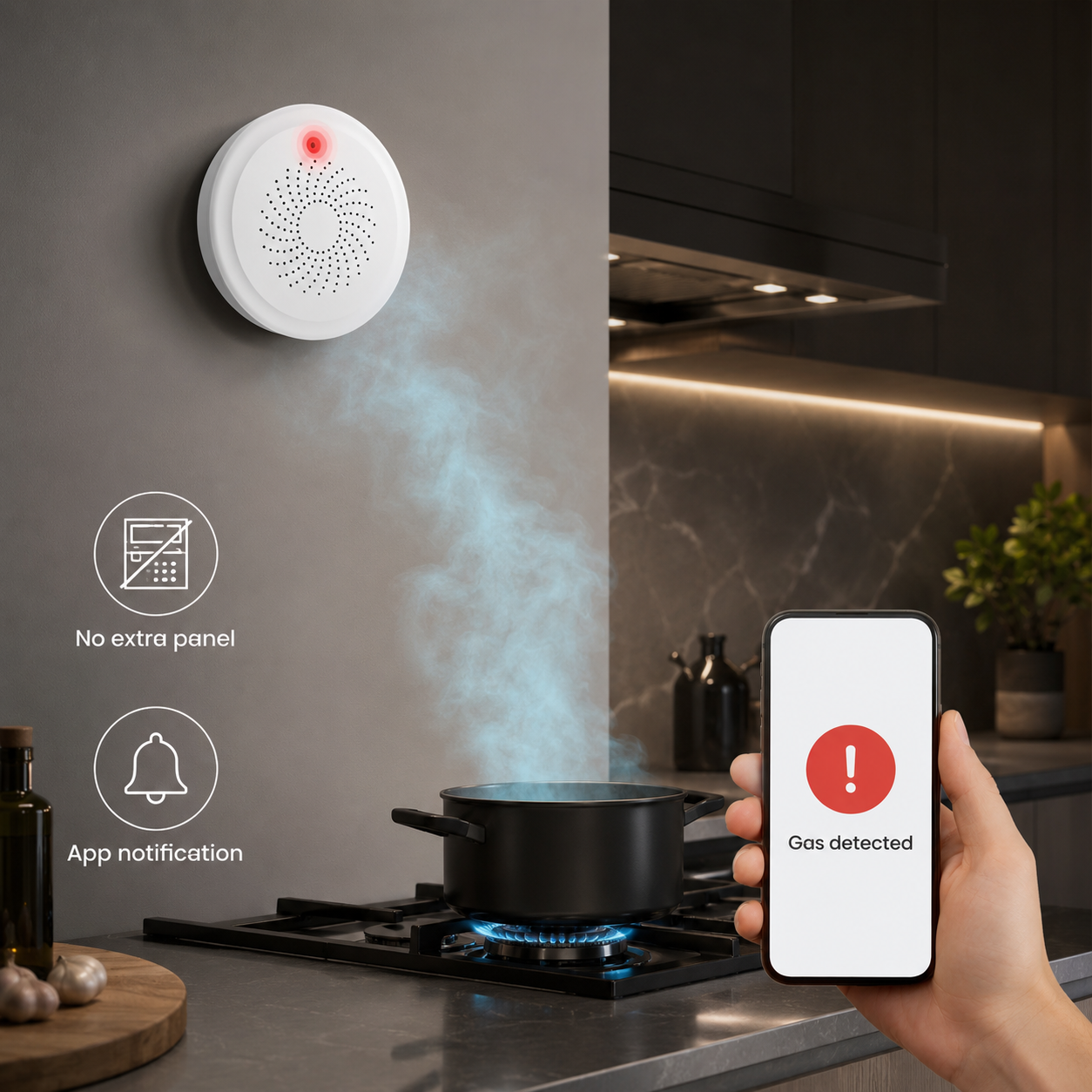 Gas detector app alert without extra panel in kitchen scene