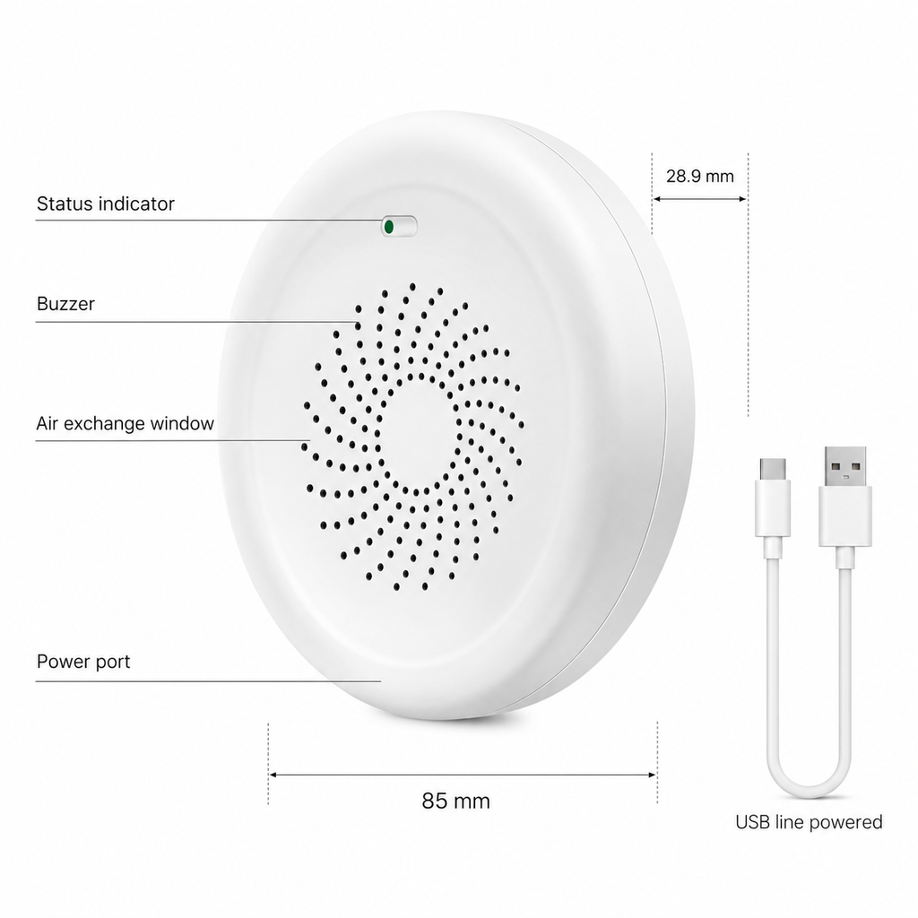 Dimensions and USB power detail for compact gas detector