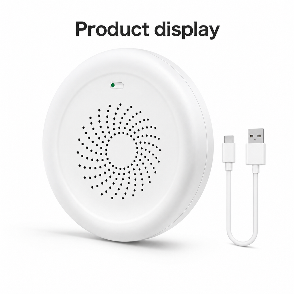 Studio product display of white gas leak detector and USB cable