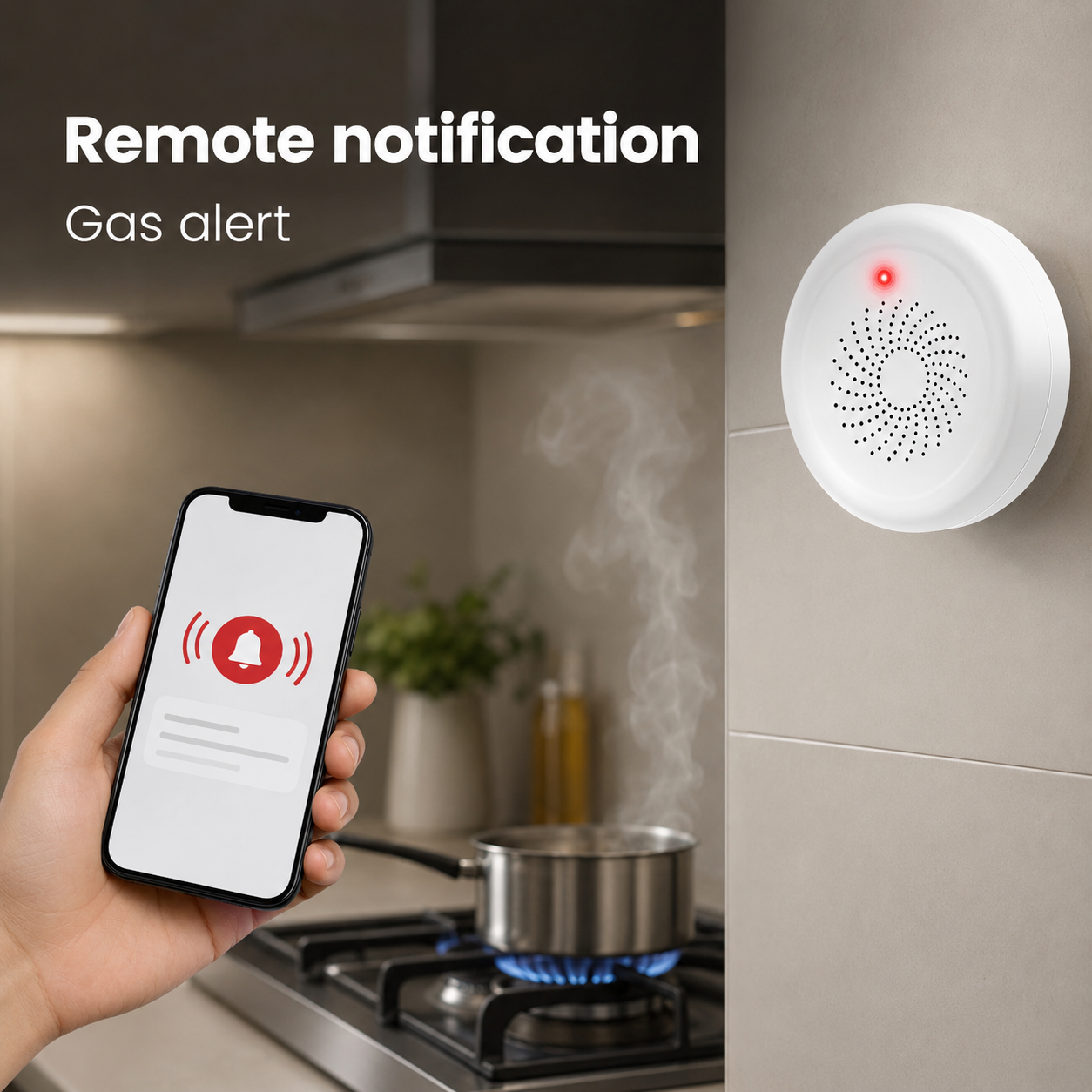 Remote notification image for gas leak detector and app alert